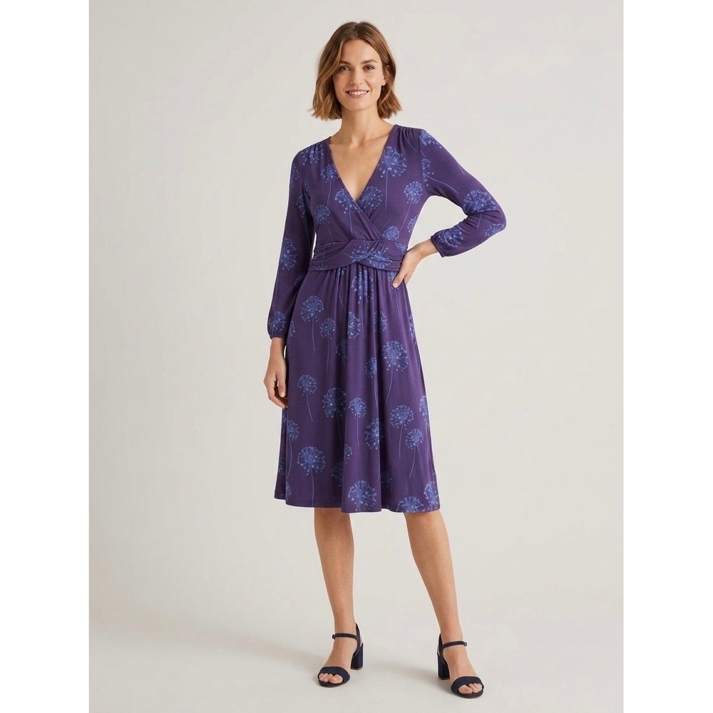 Boden Purple Dandelion Floral Faux Wrap Midi Dress WH529 US 2R Long Sleeve